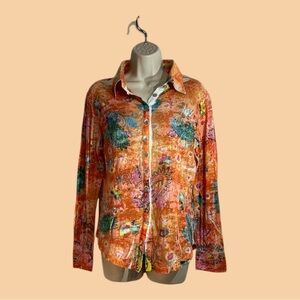 Colorful Paisley Long Sleeve Button Blouse in Vivid Orange and Artsy Colors M